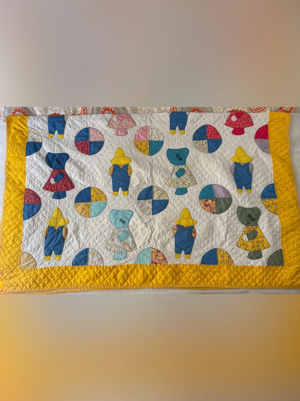 Vintage Quilt Sun Bonnet Sue Design, 83 x 137 inches. Yellow Blue Orange Green